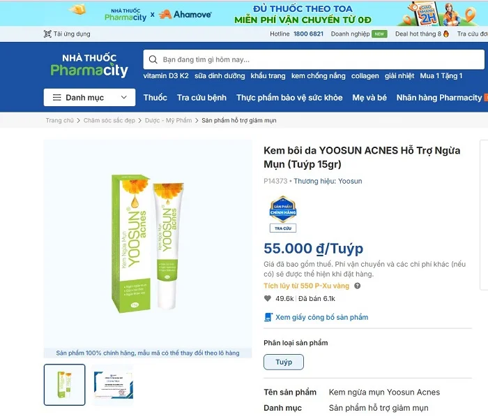 yoosun acnes ở pharmacity